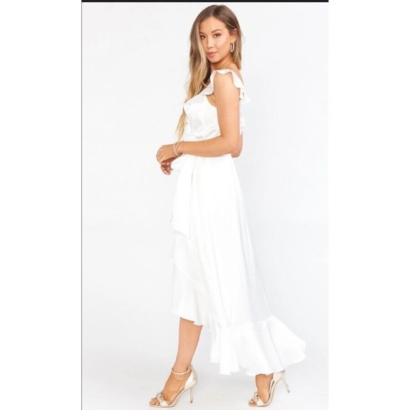 Show Me Your MuMu Samantha Ruffle Wrap Dress Ivory Luxe Satin Gown White Size M - Picture 1 of 7
